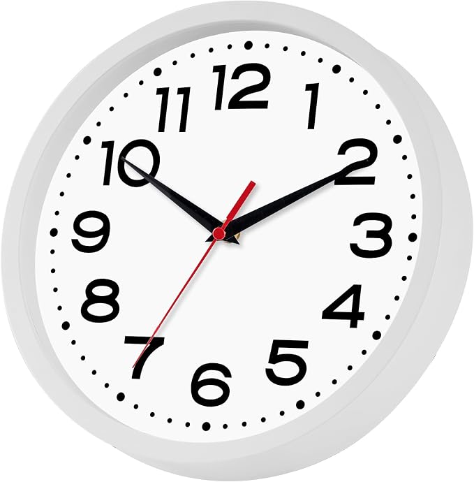Roymnie 8 Inch Small Wall Clock, Battery Operated Silent Non Ticking White | analog wall clock; bold numerals for easy reading; silent non-ticking; 1 AA battery (not included); for classroom