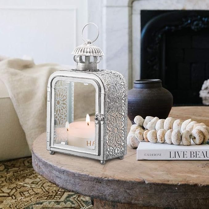 Candle Lantern Decorative Indoor & Outdoor, Vintage Metal Lanterns with Clear Glass, Tabletop&Hanging Candle Holders for Patio Front Porch Home Decor, Halloween Christmas Decorations (White)