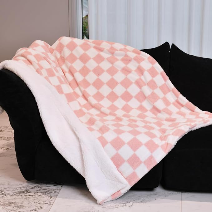 MERRYLIFE Checkered Plaid Sherpa Throw Blanket for Couch Bed Pink 60" 70" | Microfiber fabric, Decorative, Knitted, Checkerboard Grid Pattern, Ultra-Plush Soft, Fuzzy Cozy, Gift Choice, Machine Wash