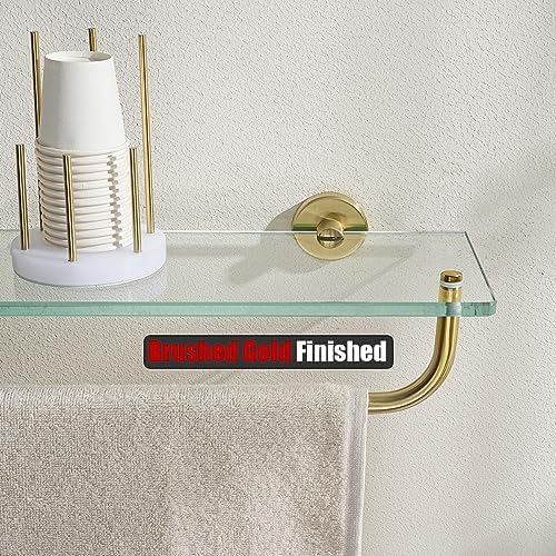 JQK Bathroom Glass Shelf, Shelf with 19 Inch Towel Bar Tempered Glass Shower Storage 20 by 5 inches, 304 Stainless Steel Brushed Gold Wall Mount, TGS100L20-BG