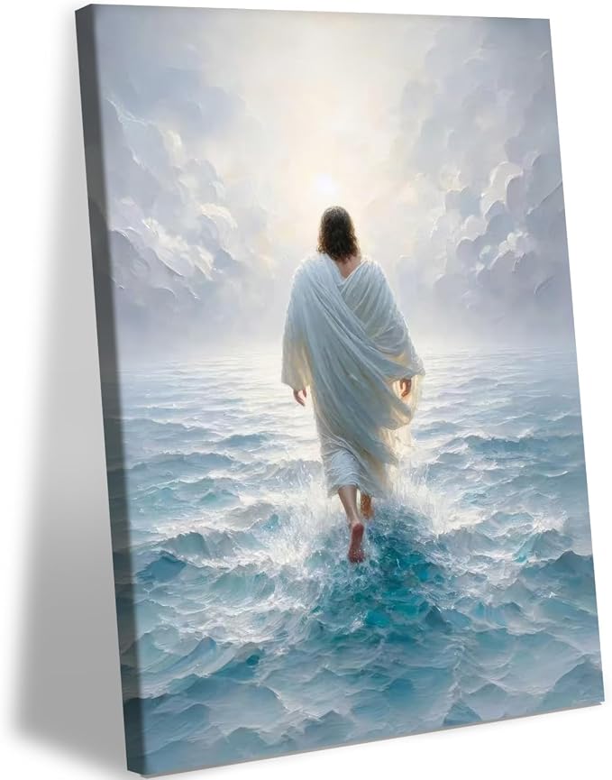 AUUAUU Jesus Walks on Water Wall Art Christian Canvas Painting 16x24 Inch | Religious Picture Canvas Prints Bible Stories Artwork Wall Decor for Living Room Bedroom Prayer Room Ready to Hang