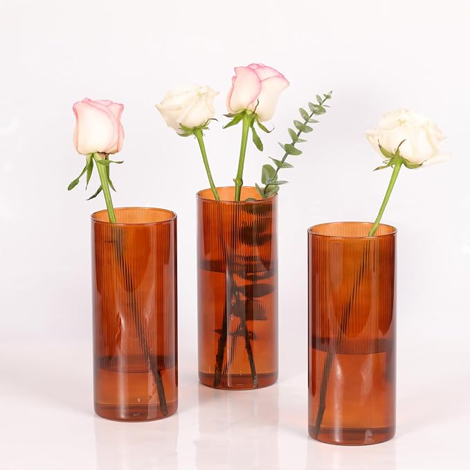 Amber Cylinder Vases, 8 Inch Tall, Amber Ribbed | Flower Vases Hurricane Floating Candle Holder, For Halloween & Fall Table Decor, Floating Candle Glass Vase