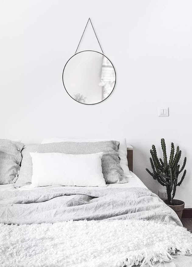 Dahey 11.8" Small Circle Round Office Wall Hanging Mirror with Chain, Black | Anti-Scratch Velvet Back, Easy to Hang, Metal Frame, Nordic Minimalist Boho Wall Decor, for Bathroom Bedroom Living Room Dorm