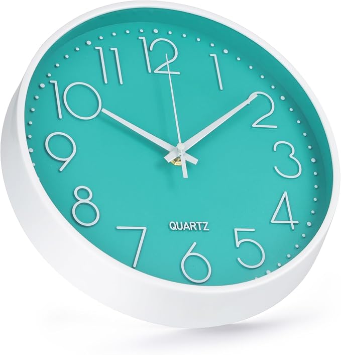 Wall Clock Non-Ticking Silent Modern Simple Style Round Decor Clock Stereoscopic Dial Quartz Wall Clocks for Home/Office/School/Living Room/Bedroom/Kitchen (Turquoise, 8inch)