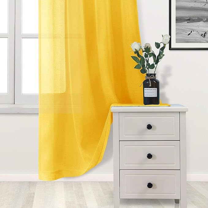 DWCN Yellow Sheer Curtains, Grommet Top Faux Linen Look Voile Semi Transparent Solid Window Sheer Curtains Drapes for Bedroom Living Room, Set of 2 Panels 52 x 102 Inch Long, Yellow