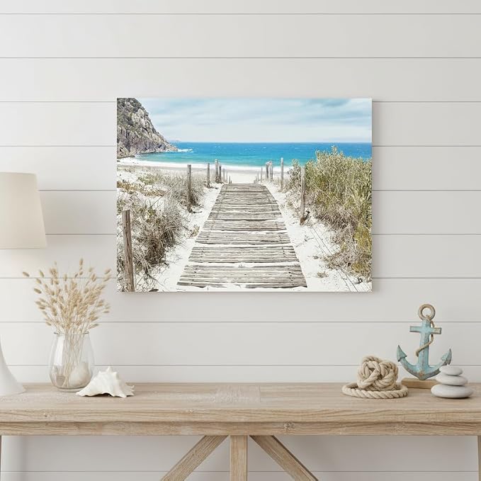 Beach Wall Art Canvas Artwork: Coastal Ocean Scene Picture Decor Modern Panoramic Seascape Wave Seaside Prints Contemporary Nature Landscape Boardwalk Scenic Painting for Living Room Bedroom Office