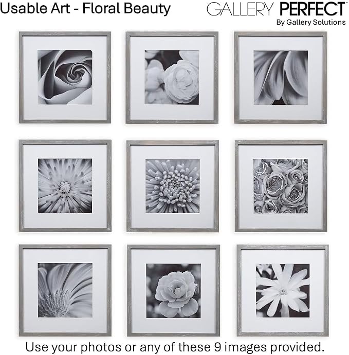 GALLERY PERFECT 12x12 Picture Frames, 9 Piece Set with Real Glass Cover for 8x8 Photos With Mat, Picture Frames Collage Wall Decor for Gallery Wall, Home Decor, Grey