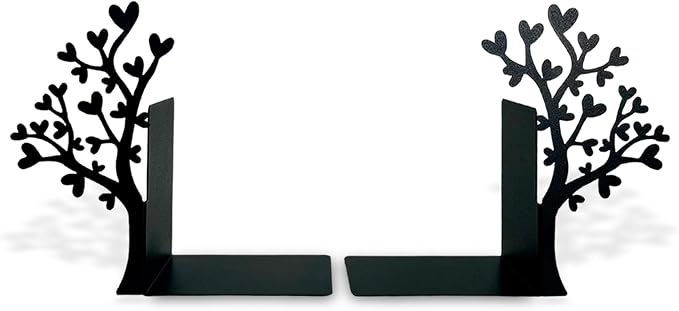 Tree Bookends with Heart-Shaped Leaves - Steel with Epoxy Coating and Wood Base - Decorative Pair of Book Holders for Shelves and Desk - Black – Geguton