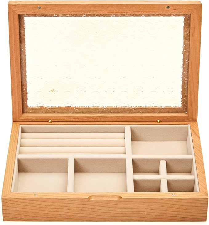 pandapark Wooden Jewelry Box with Glass Lid, Multi-Compartment Storage Display Case, Walnut Brown (Cream Cherry)