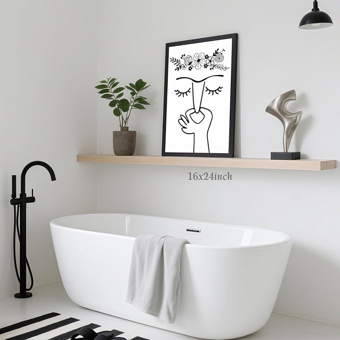 LLEEMPI Funny Pinching Nose Floral Bathroom Wall Art,16x24 Framed Print | Black and white minimalist line art with playful bathroom humor for restroom, office or hallway; a unique housewarming gift.