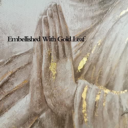 Gold Buddha Wall Art: Laughing Buddha Painting with Mandala Flower and Gold Leaf for Living Room, Bedroom, Yoga Room, Buddhist Meditation Room - 24"x32"