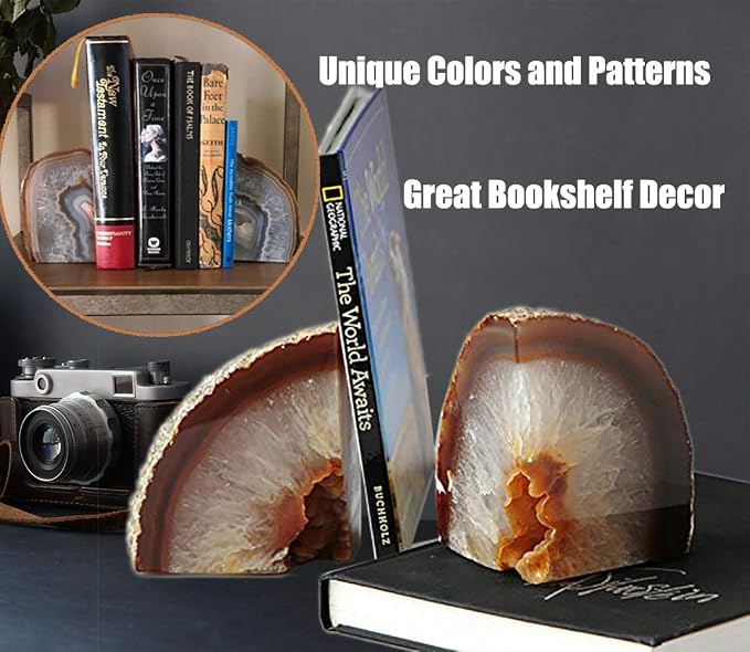 Agate Geode Bookends Heavy Duty Natural Crystal Stone Book Holders Decor | Polished Stone Book Stoppers Supports Home Office Decor with Rubber Bumpers Natural Brown 1 Pair, 2-3 LBS
