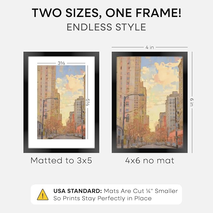 Homeforia 4x6 Black Picture Frame, High-End Metal, 3x5 Mat, Glass