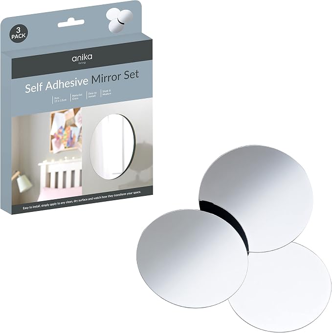Anika 60130 Pack of 3 Self Adhesive Round Mirrors 15cm | Versatile and Functional | Easy to Install | Sleek and Modern, White, 15 x 0.5 x 15 cm