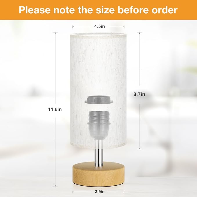 Table Lamp for Bedroom（Cream Shade - Wood Base, 11.6" Inline Control）