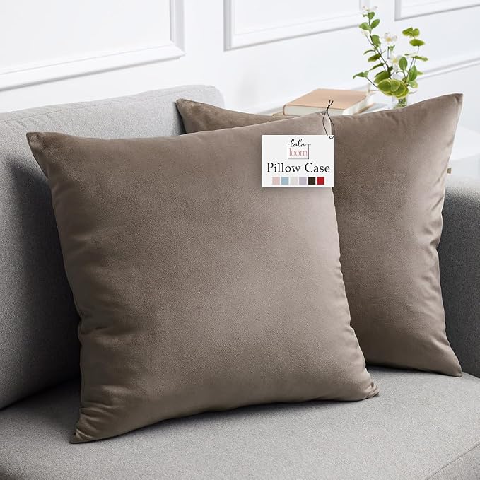 lalaLOOM Velvet Throw Pillow Covers, Set of 2, 20x20 Taupe