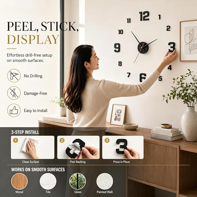 3D DIY Luminous Acrylic Wall Clock Set, Minimalist wall Clocks Simple, Drill-Free Minimalist Glow in Dark Digital Clock for Bedroom Living Room Office (Gold, (40cm-15.7in))