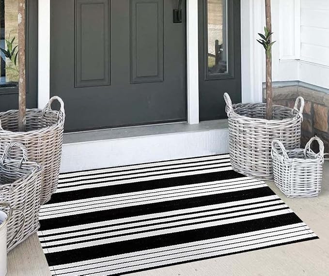 Black and White Layered Doormat 27.5"x43.3"Farmhouse Door Mat Outdoor | Machine Washable Hand-Woven Outdoor Porch Mat Combined Use With Hello Welcome Mat