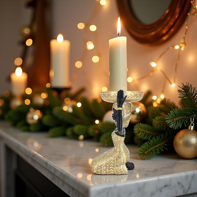 African Lady Figurine Candle Holder with African Tribal Totem for Wedding,Church,Holiday Decor-African Decorative Women Statues, Candlestick Holder for Home and Table Decor(753-Gold)