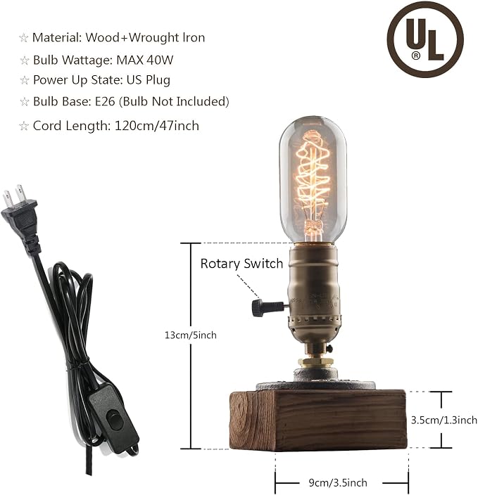 Vintage Table Lamp, Industrial Nightlight Steampunk Desk Lamp with E26 Antique Lamp Holder for Bedroom Living Room Home Art Display Cafe Bar Studio Antique Decor, Push Button(Without Bulb)