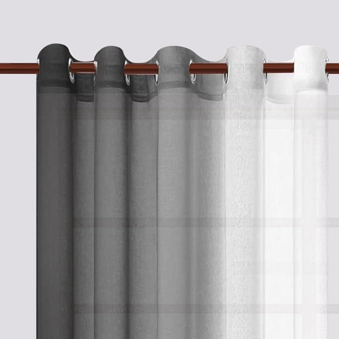 DWCN Black Ombre Faux Linen Sheer Curtains - Extra Wide Gradient Semi Voile Light Filtering Grommet Top Bedroom and Living Room Curtains, 60 x 84 Inches Long, Set of 2 Window Curtain Panels