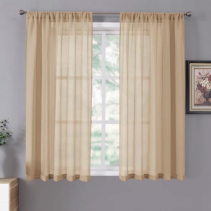 Tollpiz Short Sheer Curtains Linen Textured Bedroom Curtain Sheers Light Filtering Rod Pocket Voile Curtains for Living Room, 54 x 45 inches Long, Beige, Set of 2 Panels