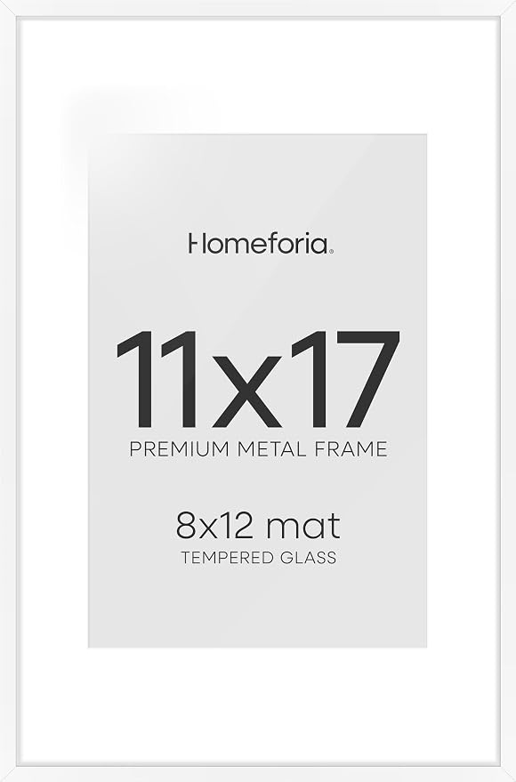 Homeforia 11x17 White Picture Frame, High-End Metal, 8x12 Mat, Glass