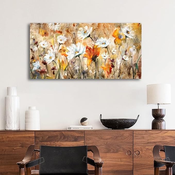 VEAEE Flowers Wall Art for Living Room Abstract Floral Canvas Pictures Modern Daisy Canvas Painting Artwork Prints Bedroom Kitchen Office Home Wall Decor Framed Ready To Hang 20"x 40"