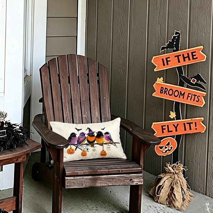 RABUSOFA Halloween Pillow Covers 12x20 Inch Halloween Decorations Outdoor | Watercolor Birds,Waterproof,Spooky Ghost Pumpkin Bat Halloween Decor,Supplies Accessories for Home Couch Party Patio