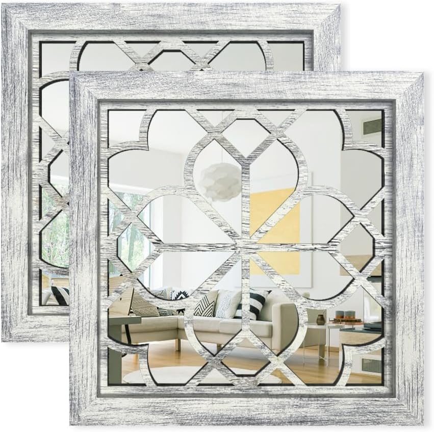 Set of 2 14 Inch Square Grey Window Pane Wall Mirrors, Shatterproof Rustic Farmhouse Boho Vintage Accent Mirrors for Living Room Bedroom Bathroom Entryway