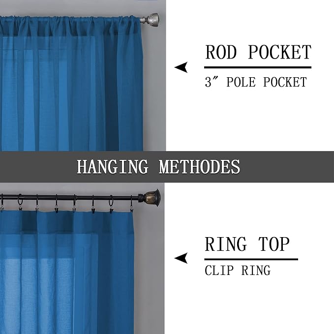 Tollpiz Short Sheer Curtains Linen Textured Bedroom Curtain Sheers Light Filtering Rod Pocket Voile Curtains for Living Room, 54 x 45 inches Long, Classic Blue, Set of 2 Panels