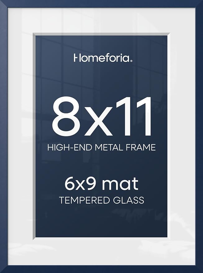 Homeforia 8x11 Blue Picture Frame, High-End Metal, 6x9 Mat, Glass