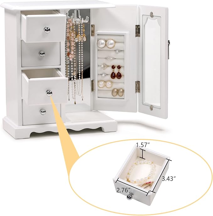 Kendal Wooden Jewelry Box for Women, Solid Jewelry Organizer, Jewelry Holder Organizer, Mothers Day Gifts, Wood Jewelry Case with Mirror for Necklaces, Earring, Rings (4 Drawer, White)