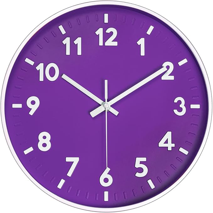 JENLYSTIME 12 Inch Modern Indoor Outdoor Clock,Round Bright Colorful Dial,Non Ticking Silent Quartz Battery Operated Wall Clocks,Easy to Read Simple Style Decor Clock for Bedroom,Kitchen(Purple)