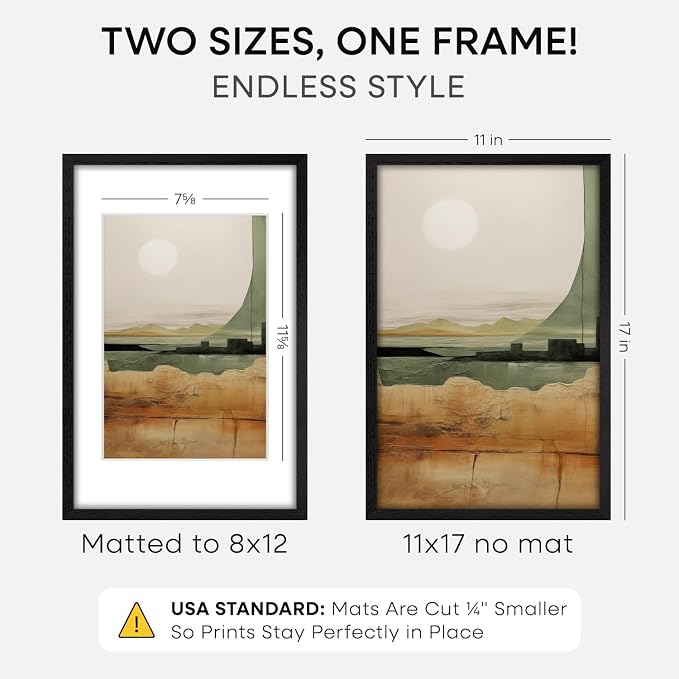 Homeforia 11x17 Black Oak Picture Frame, High-End Wood, 8x12 Mat, Glass