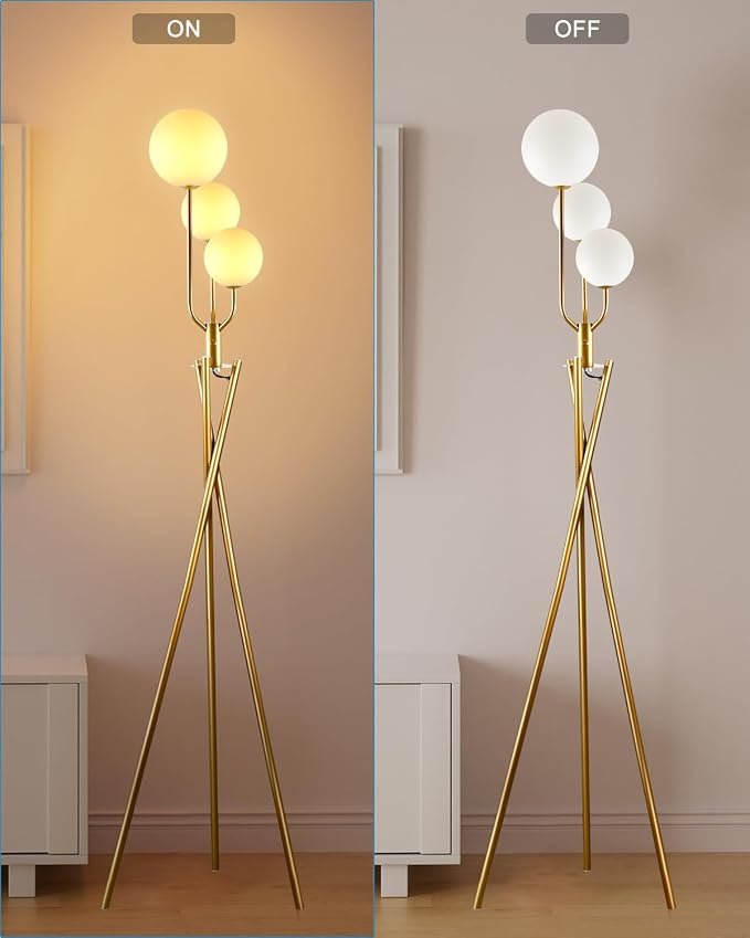 Lightdot Gold Floor Lamp Dimmable Mid Century Tripod Floor Lamp with 3 Pole Lights with 3Pcs 3000K Bulbs Included Tripod Standing Lamps with Stable Base for Living Room/Sofa Beside/Corner Decor