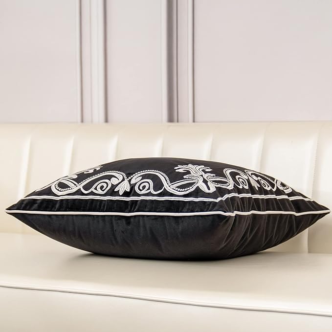 Aeckself European Floral Pillow Cover 20x20 Inch, Luxury Velvet Embroidered Decorative Throw Pillow Cover for Couch Bedroom Living Room, Black and White