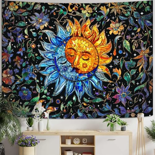Accnicc Sun and Moon Tapestry Boho Hippie Floral Wall Tapestry for Bedroom Aesthetic Vintage Stained Glass Celestial Plant Extra Large Tapestries Wall Hanging for Living Room Dorm 90 x 68 Inch