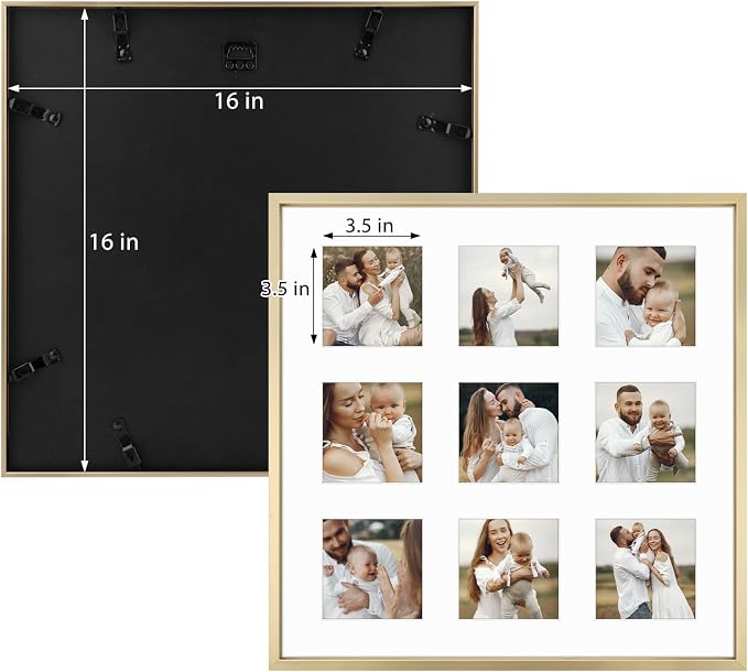 Golden State Art 16x16 Collage Frame w/Mat for 9 4x4 Photos Gold 1 Pack