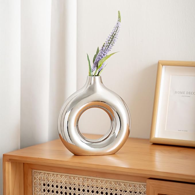 White and Gold Donut Vase, Modern Ceramic Vase for Pampas Grass, Perfect Centerpiece for Weddings, Living Room, and Office Decor (Full Silver, L)