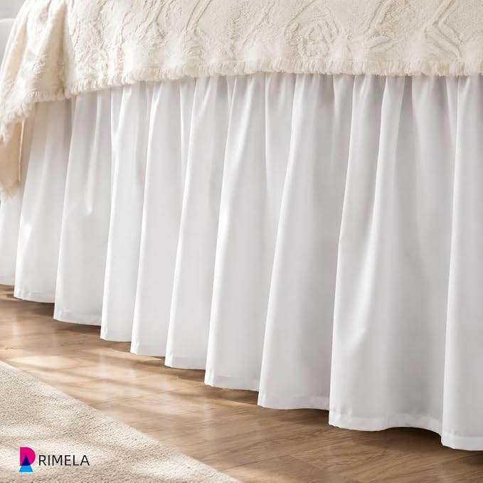 Warm White Bed Skirt Queen Size 15" Drop, Elastic Wrap Around Bedskirt | Solid Ruffled, Easy to Use, No Mattress Lifting, Wrinkle & Fade Resistant, with Adhesive Strips, Machine Wash/Dry/Iron