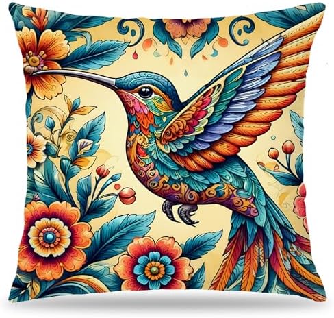 Gorgeous Hummingbird Pillow Covers 18x18, Bird Decor for Home, Colorful Fantastic Humming Bird Wildflower Decorative Throw Pillow Covers, Hummingbird Gifts for Women
