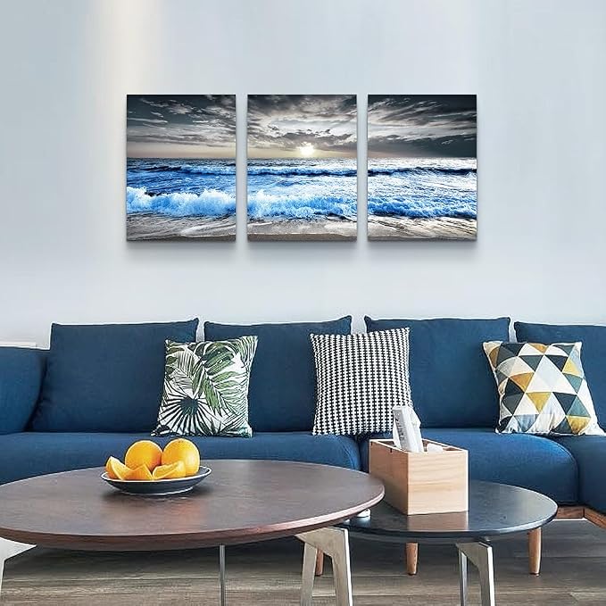 MHARTK66 3 Piece Canvas Wall Art - Blue Ocean Wave Seascape Pictures - Bedroom, Living Room, Office Wall Decor - Modern Home Decor