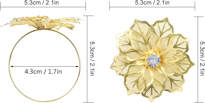 Picowe Set of 12 Alloy Napkin Rings with Hollow Out Flower Napkin Ring Holders for Wedding Party Holiday Banquet Christmas Dinner Delicate Serviette Buckles Decor Favor (Gold)