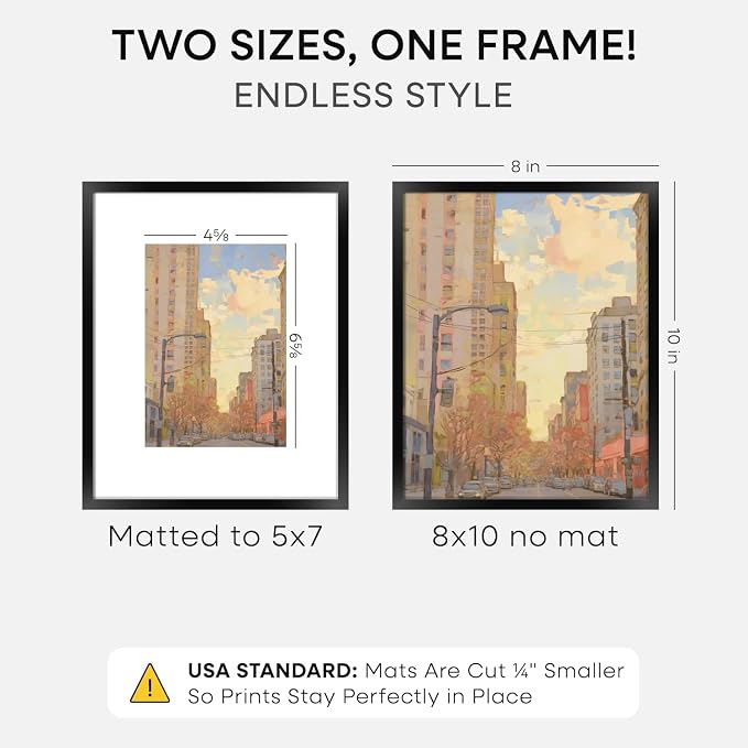 Homeforia 8x10 Black Picture Frame, High-End Metal, 5x7 Mat, Glass