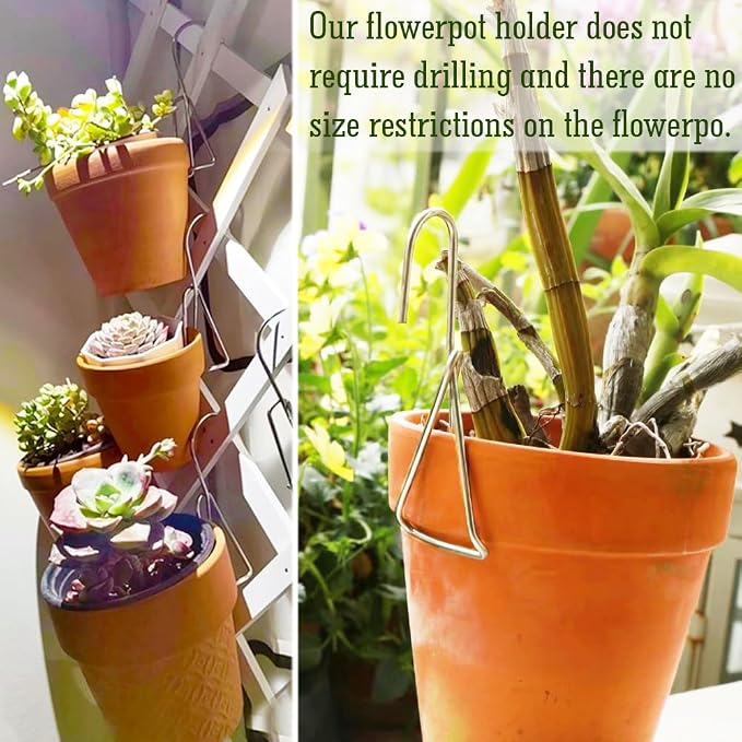 24 Pack Flower Pot Holder, Terracotta Pot Clips for Clay Pot, Plant Hanger Hook, Stainless Steel Pot Hangers, Wall Mounted Plant Holder for Indoor and Outdoor Plants(Back Hook)
