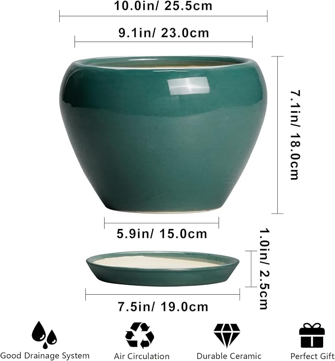 Ceramicfor Ceramic Planter for Indoor Plants 10 Inch, Green | Ceramic Plant Pot with Drainage Hole and Saucer, Glaze Round Decorative Planter, Plant Lover Gifts, Home Room Office Decor