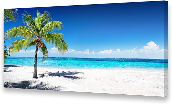 Baisuart-Large Canvas Wall Art Summer Ocean Waves Coconut Trees on Sands Beach Seascape Painting Sea Nature Pictures for Living Room Home Office Wall Decor Artwork