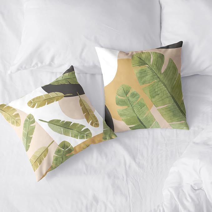 2 Pack Summer Tropical Plant Green Leaves Throw Pillow Covers Jungle Palm Tree Cushion Case Soft Decorative Pillow Covers Rustic Home Decor for Sofa Chair Bed 16x16 Inch