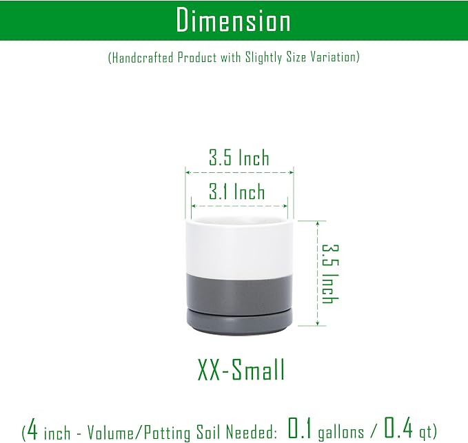 D'vine Dev 3.5 Inch Ceramic Planter Pot, White/Grey, 94-O-A-6 | Modern Cylinder Design, Drainage Hole & Saucer Included, Stable Structure, Elegant Home Accent
